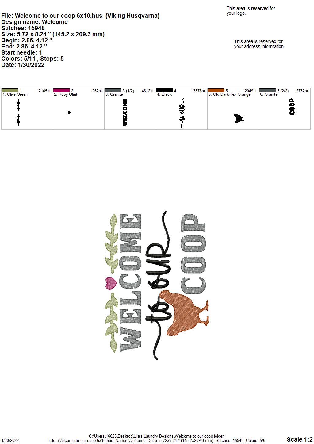 Welcome to our Coop - 4 sizes- Digital Embroidery Design