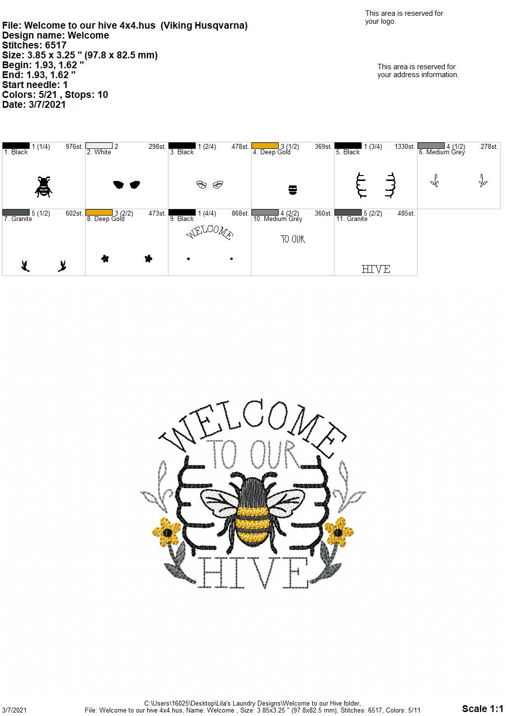 Welcome to our Hive - 4 sizes- Digital Embroidery Design