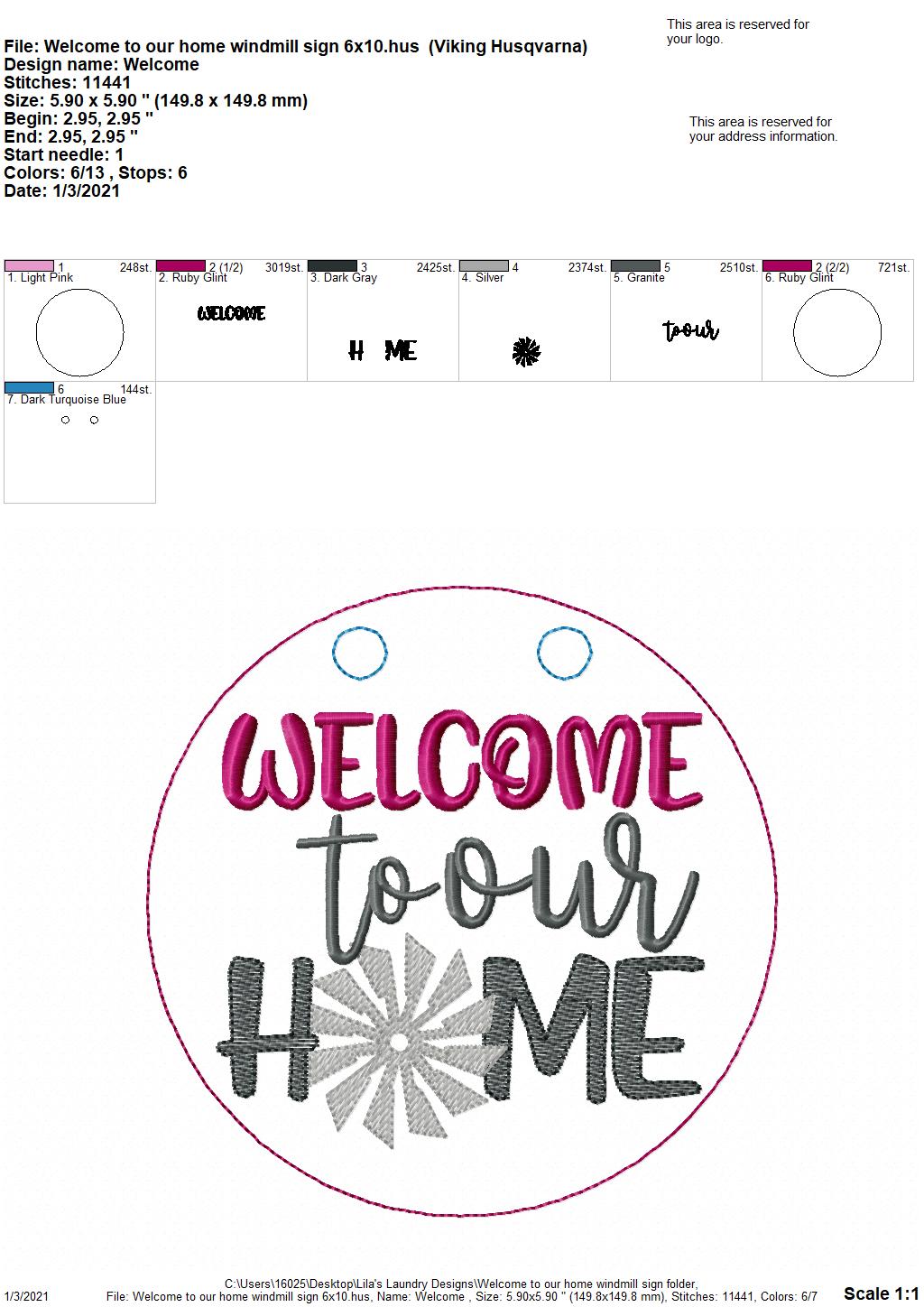 Welcome to our Home Windmill Door Hanger - 3 sizes - Digital Embroidery Design