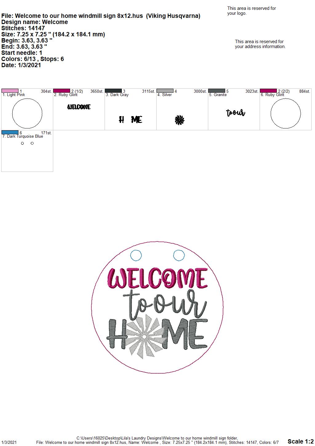 Welcome to our Home Windmill Door Hanger - 3 sizes - Digital Embroidery Design
