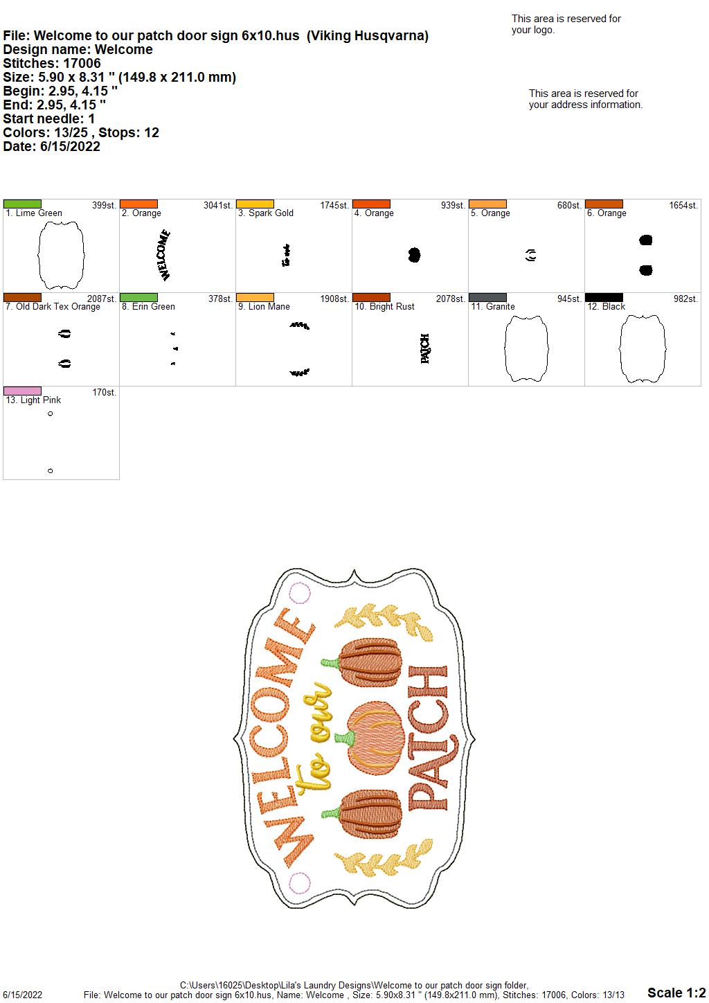 Welcome to our Patch Door Sign - 3 sizes - Digital Embroidery Design