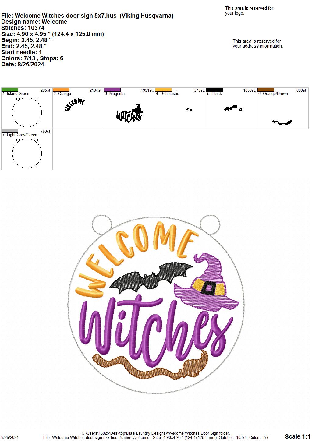Welcome Witches Door Sign - 3 Sizes - Digital Embroidery Design