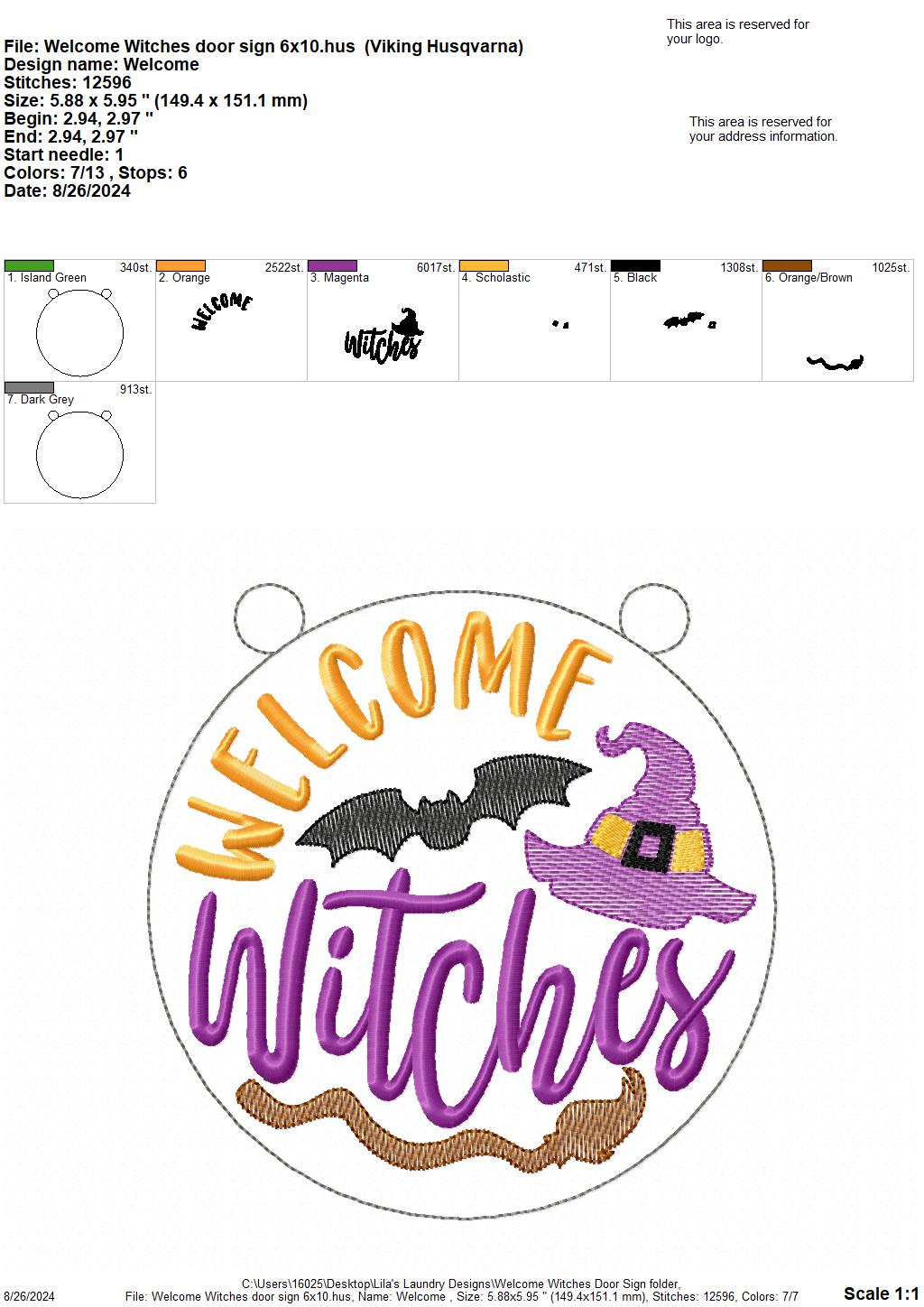 Welcome Witches Door Sign - 3 Sizes - Digital Embroidery Design