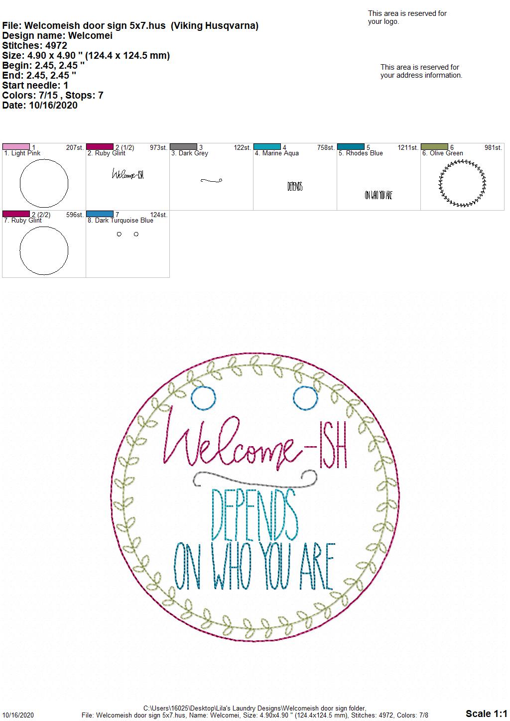 Welcome-ish Door Hanger - 3 sizes - Digital Embroidery Design