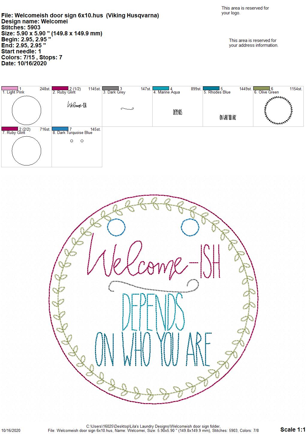 Welcome-ish Door Hanger - 3 sizes - Digital Embroidery Design