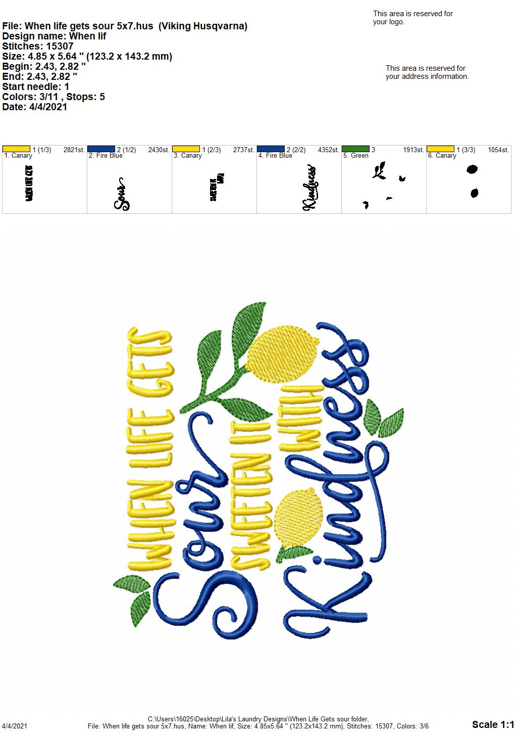 When Life Gets Sour - 3 sizes- Digital Embroidery Design