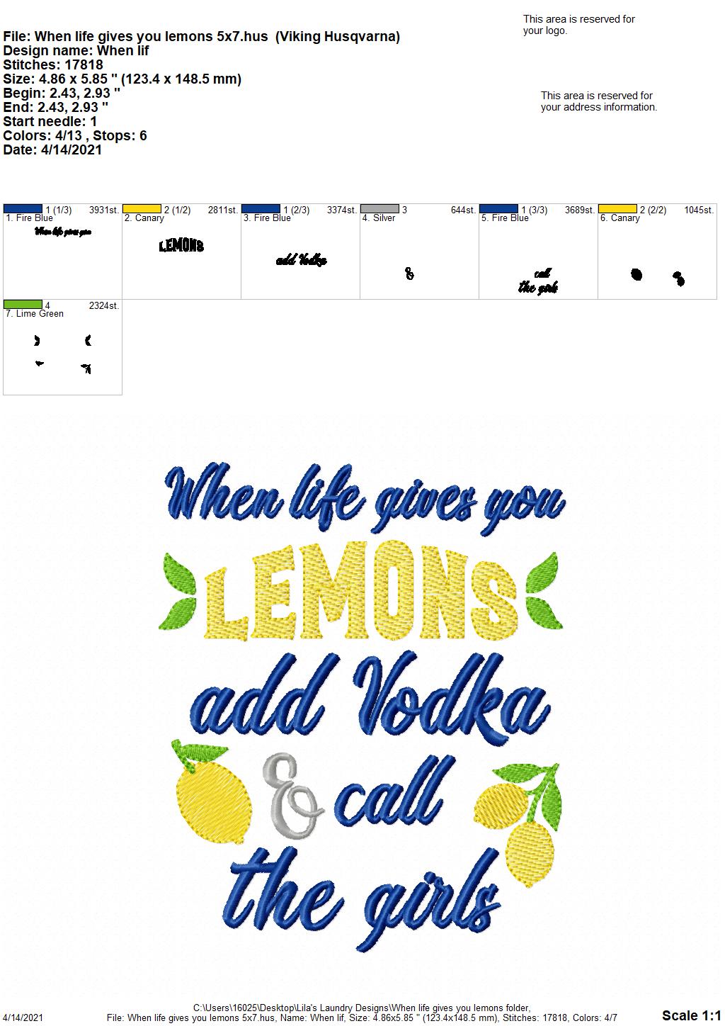 When Life Gives you Lemons - 2 sizes- Digital Embroidery Design