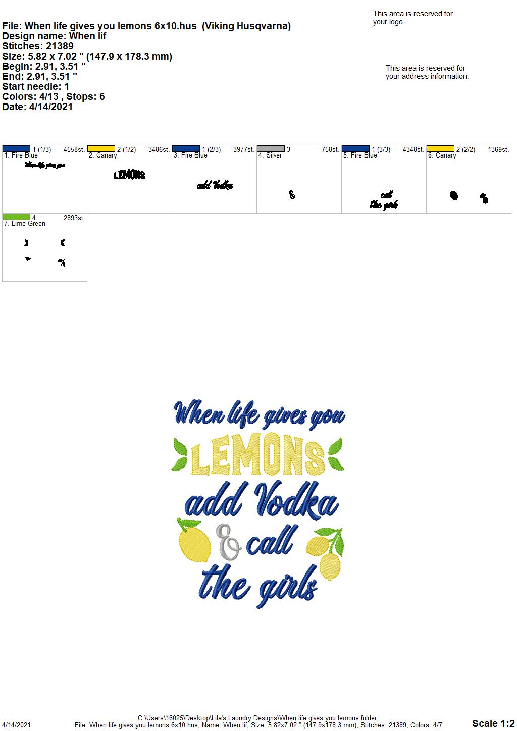 When Life Gives you Lemons - 2 sizes- Digital Embroidery Design
