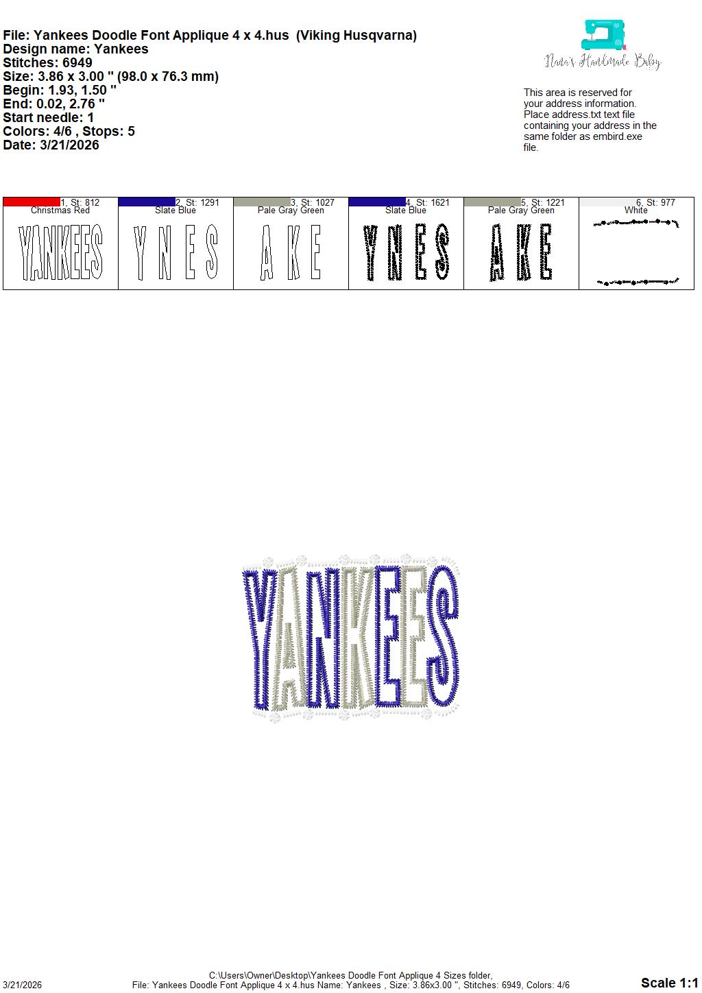 Yankees Doodle Font Applique – 4 x 4, 5 x 7, 6 x 10 and 8 x 12 – DIGITAL Embroidery Design