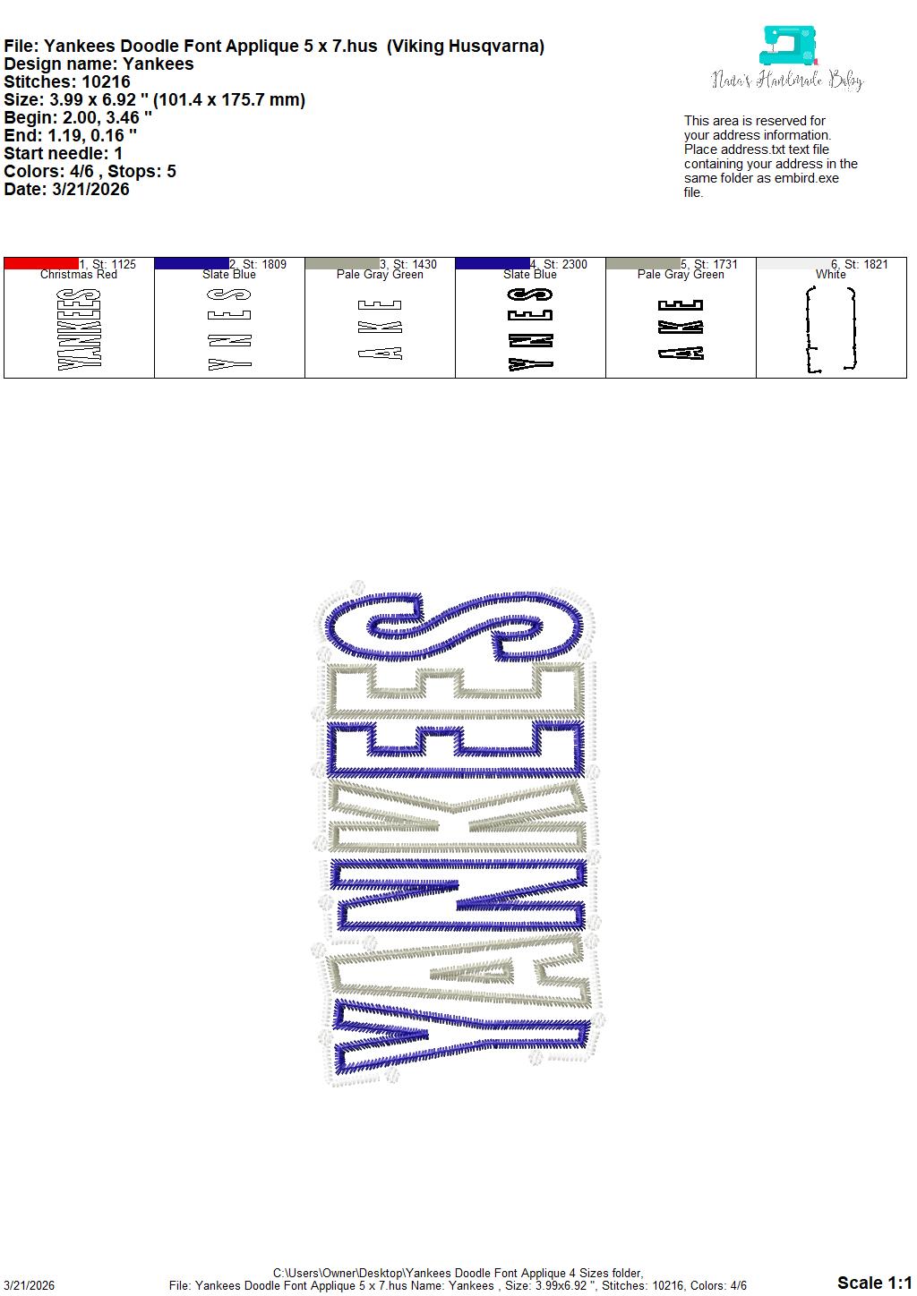 Yankees Doodle Font Applique – 4 x 4, 5 x 7, 6 x 10 and 8 x 12 – DIGITAL Embroidery Design