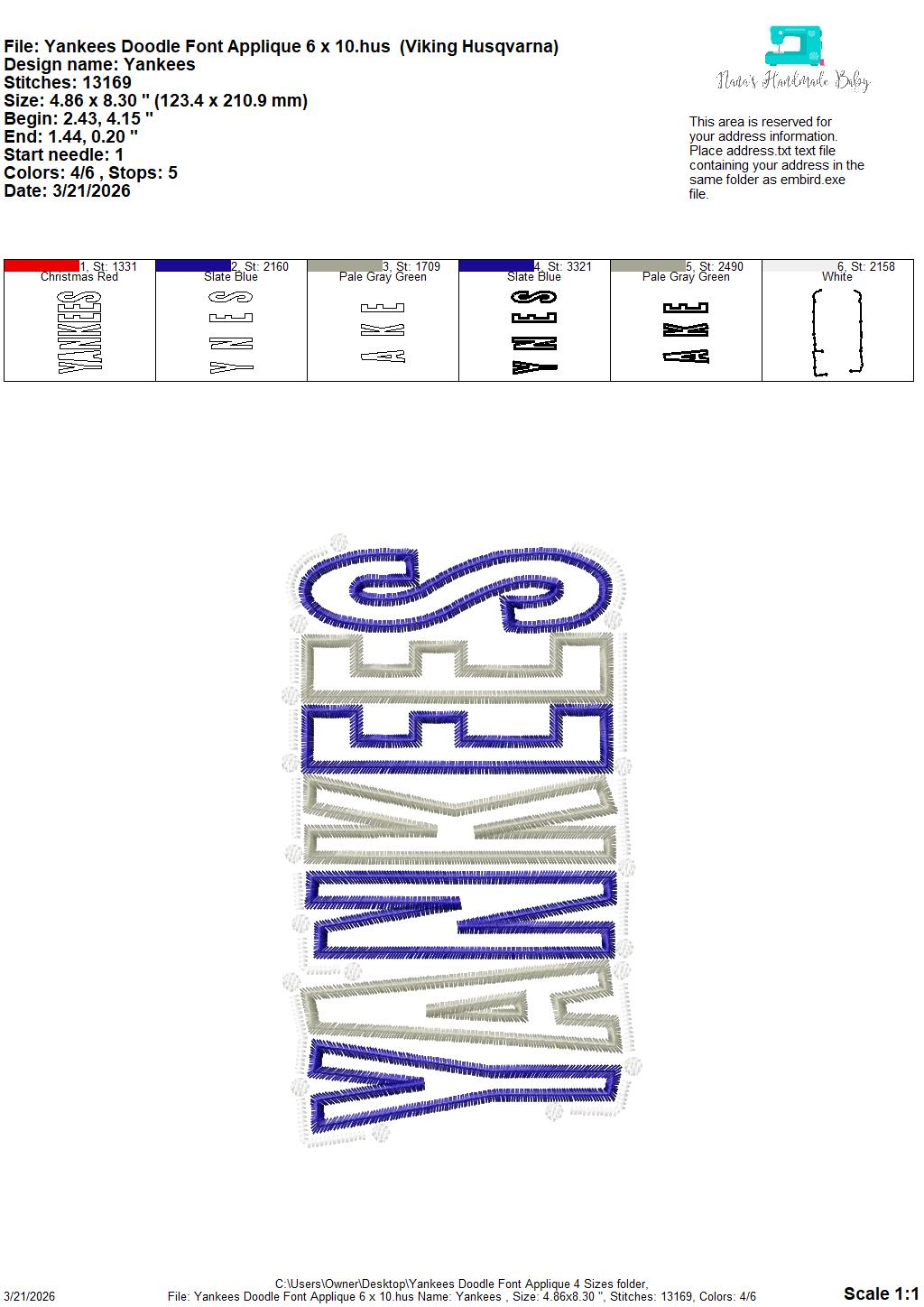 Yankees Doodle Font Applique – 4 x 4, 5 x 7, 6 x 10 and 8 x 12 – DIGITAL Embroidery Design