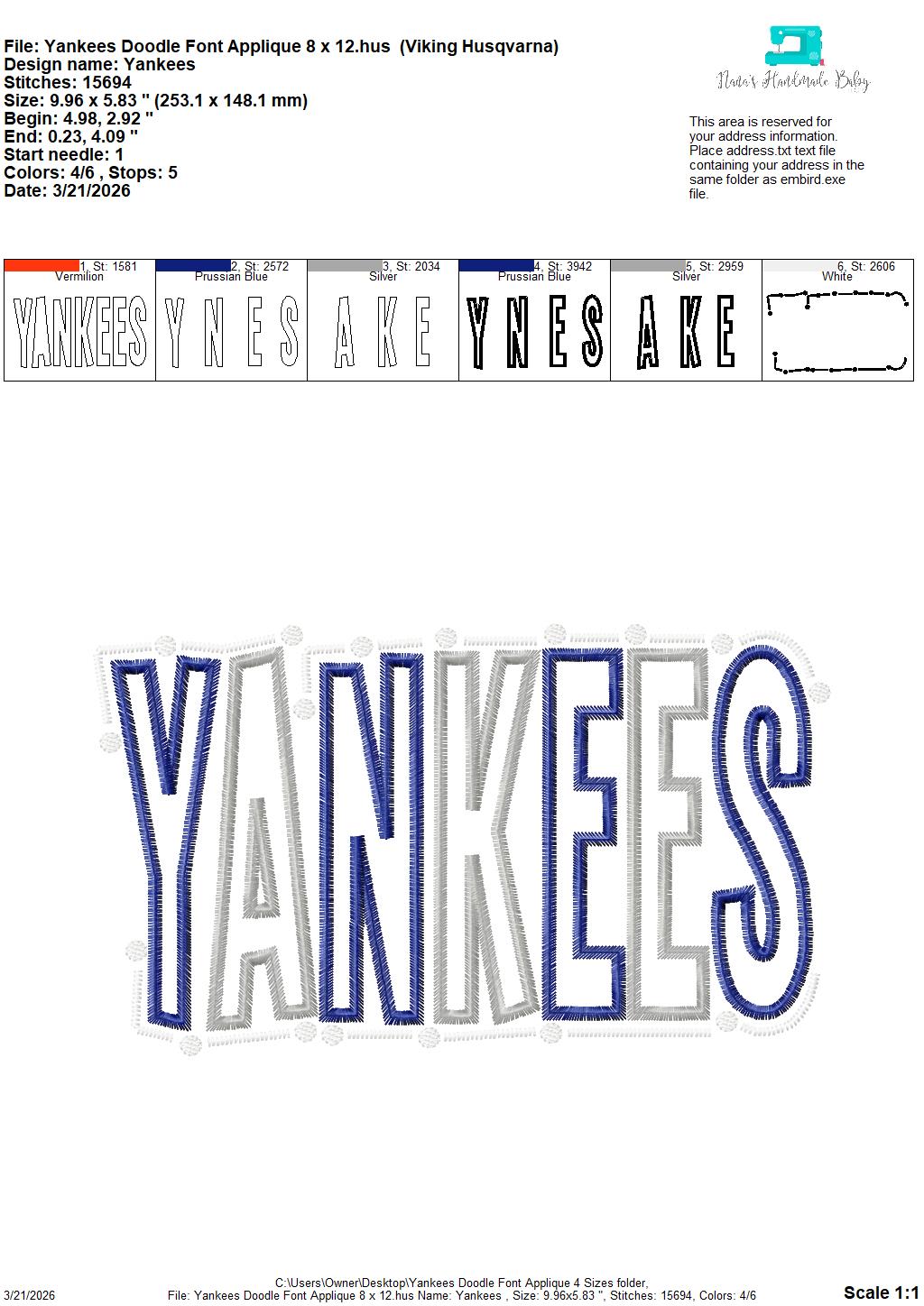 Yankees Doodle Font Applique – 4 x 4, 5 x 7, 6 x 10 and 8 x 12 – DIGITAL Embroidery Design