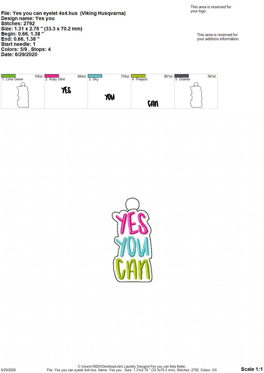 Yes you can Fobs - DIGITAL Embroidery DESIGN