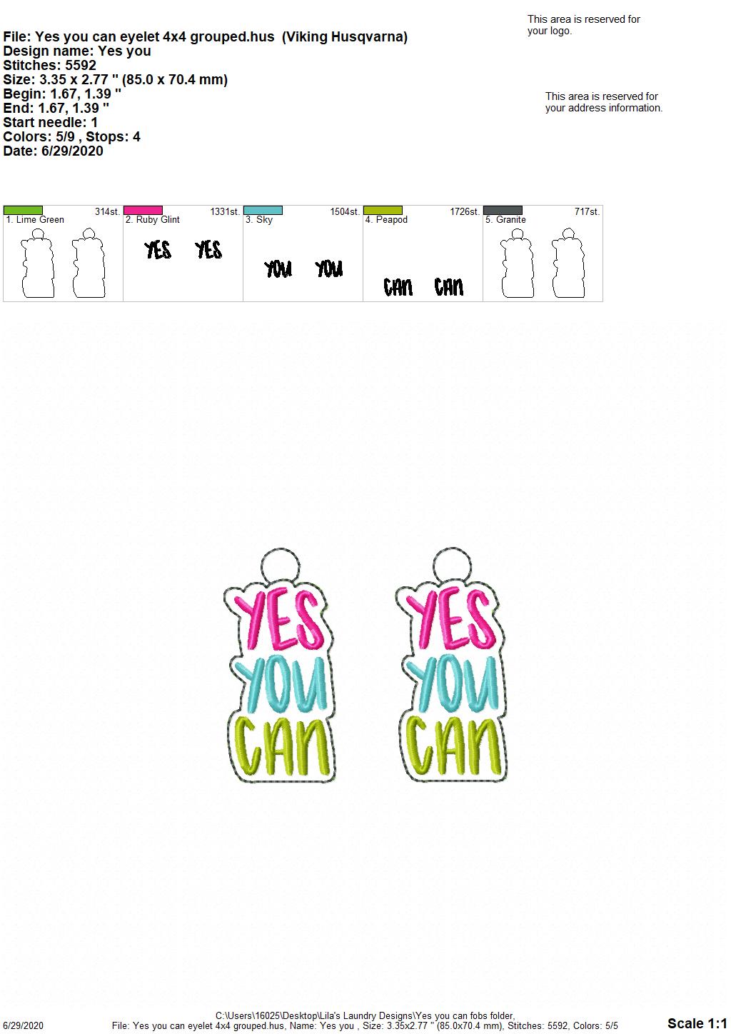 Yes you can Fobs - DIGITAL Embroidery DESIGN