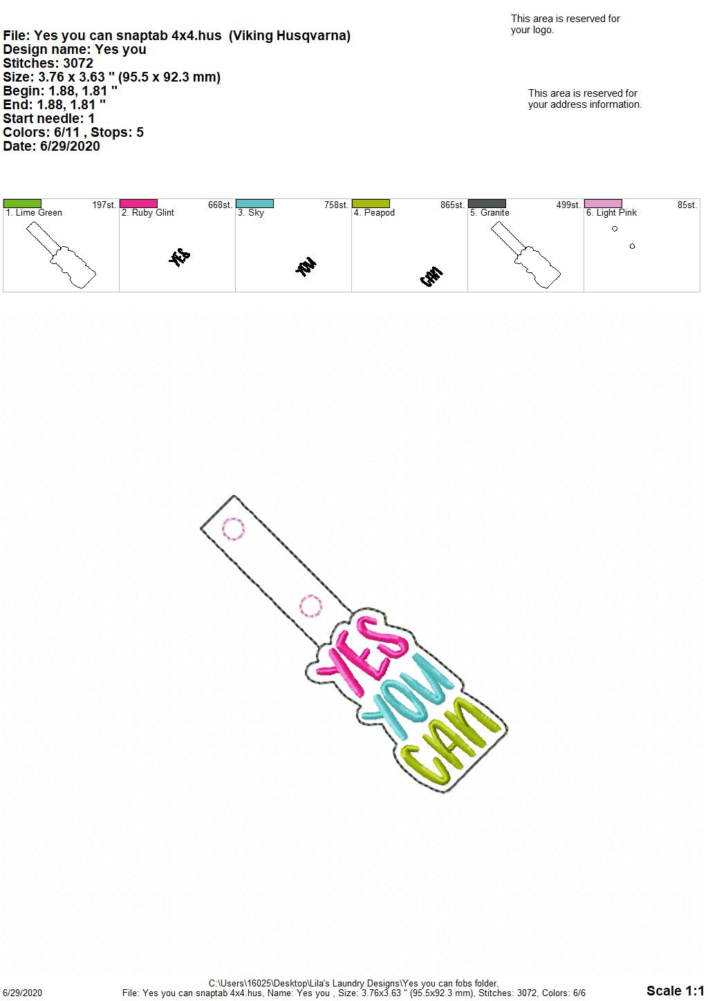Yes you can Fobs - DIGITAL Embroidery DESIGN