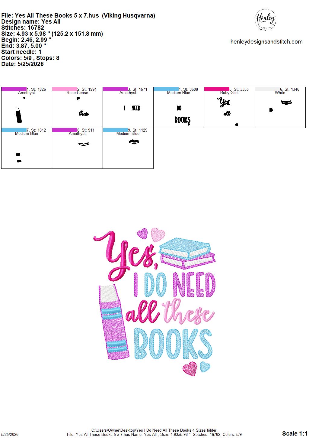 Sketch Yes, I Do Need All These Books - 4 x 4, 5 x 7, 6 x 10 and 8 x 12 - DIGITAL Embroidery Design