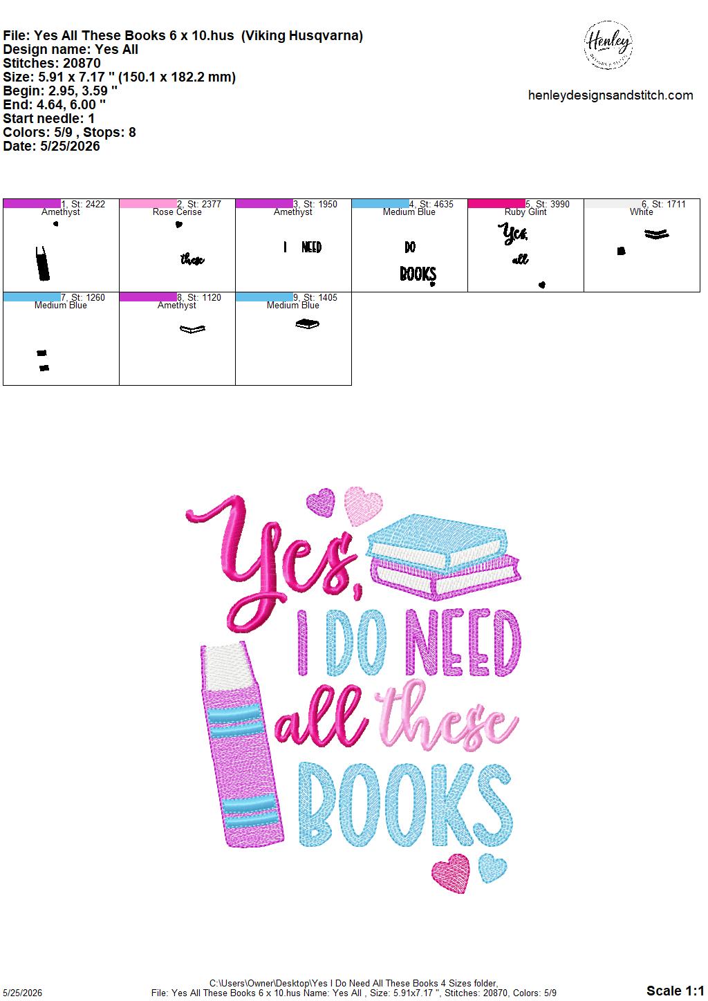 Sketch Yes, I Do Need All These Books - 4 x 4, 5 x 7, 6 x 10 and 8 x 12 - DIGITAL Embroidery Design