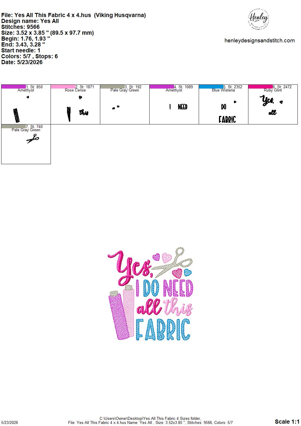 Sketch Yes, I Do Need All This Fabric - Scissors - 4 x 4, 5 x 7, 6 x 10 and 8 x 12 - DIGITAL Embroidery Design