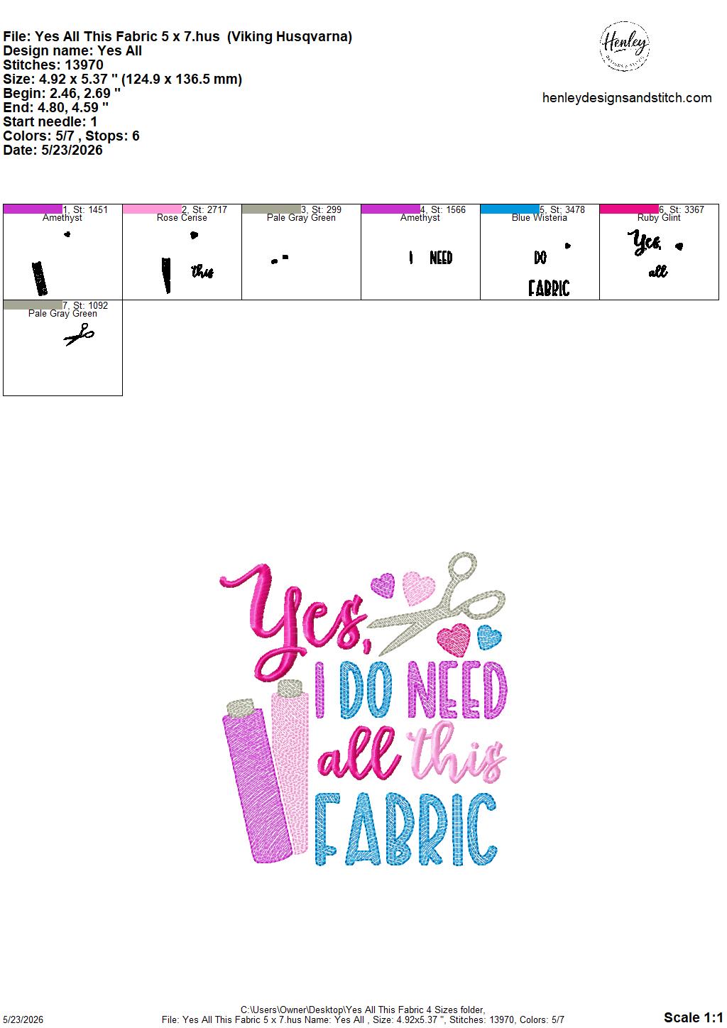 Sketch Yes, I Do Need All This Fabric - Scissors - 4 x 4, 5 x 7, 6 x 10 and 8 x 12 - DIGITAL Embroidery Design