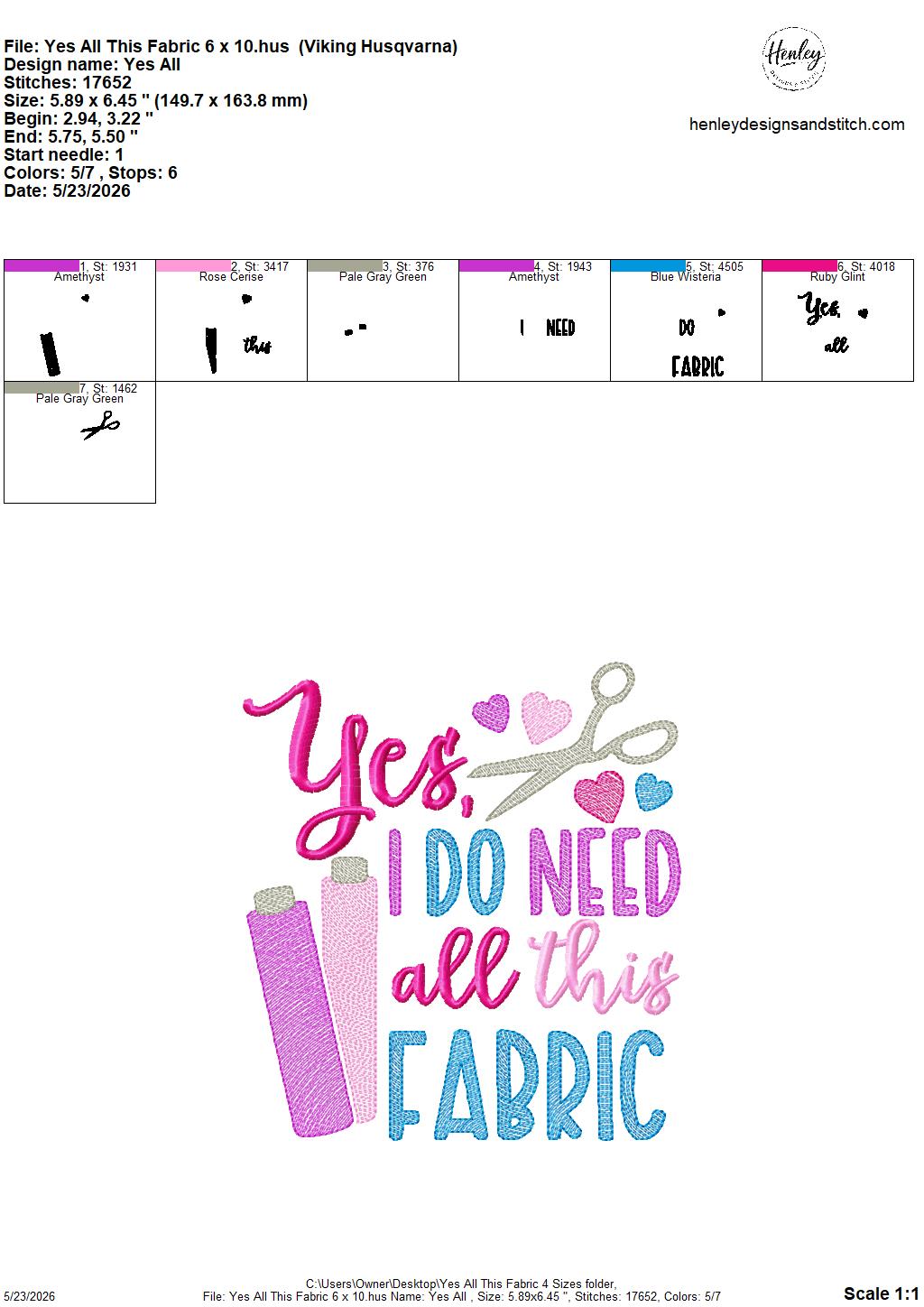 Sketch Yes, I Do Need All This Fabric - Scissors - 4 x 4, 5 x 7, 6 x 10 and 8 x 12 - DIGITAL Embroidery Design