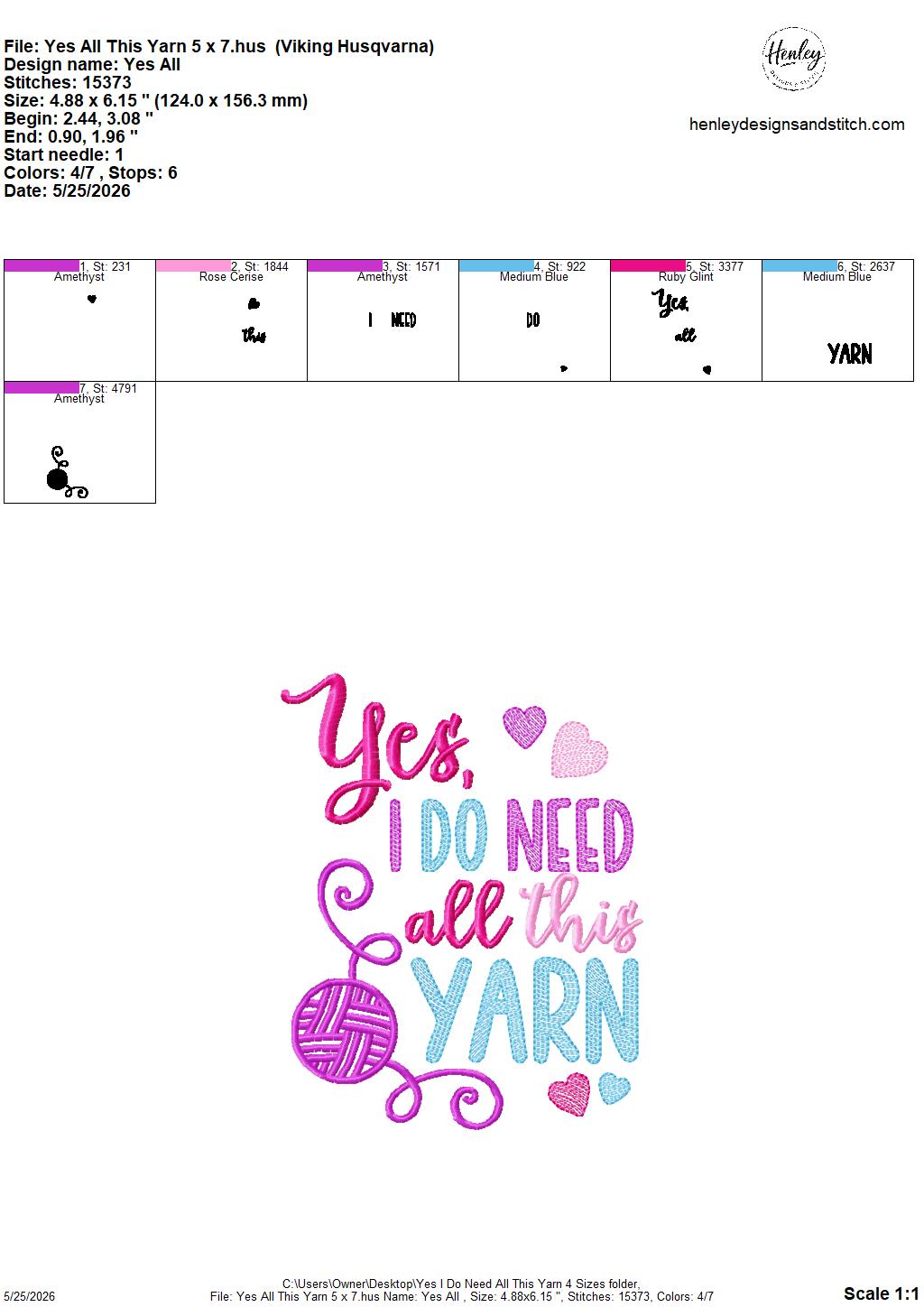 Sketch Yes, I Do Need All This Yarn - 4 x 4, 5 x 7, 6 x 10 and 8 x 12 - DIGITAL Embroidery Design