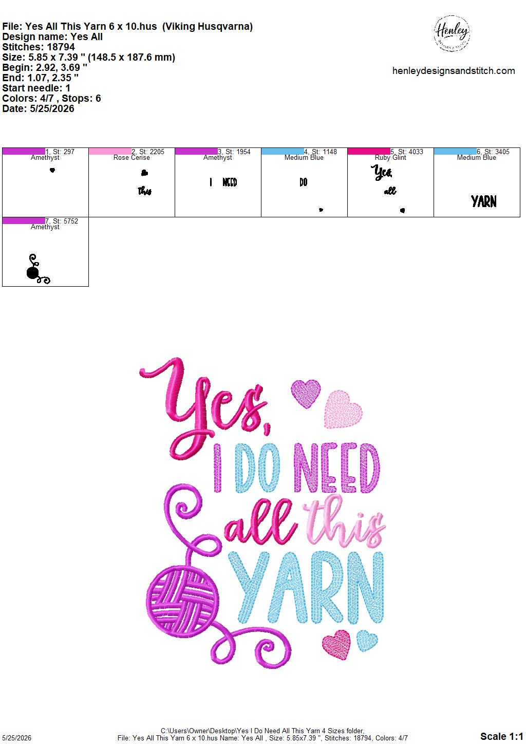 Sketch Yes, I Do Need All This Yarn - 4 x 4, 5 x 7, 6 x 10 and 8 x 12 - DIGITAL Embroidery Design
