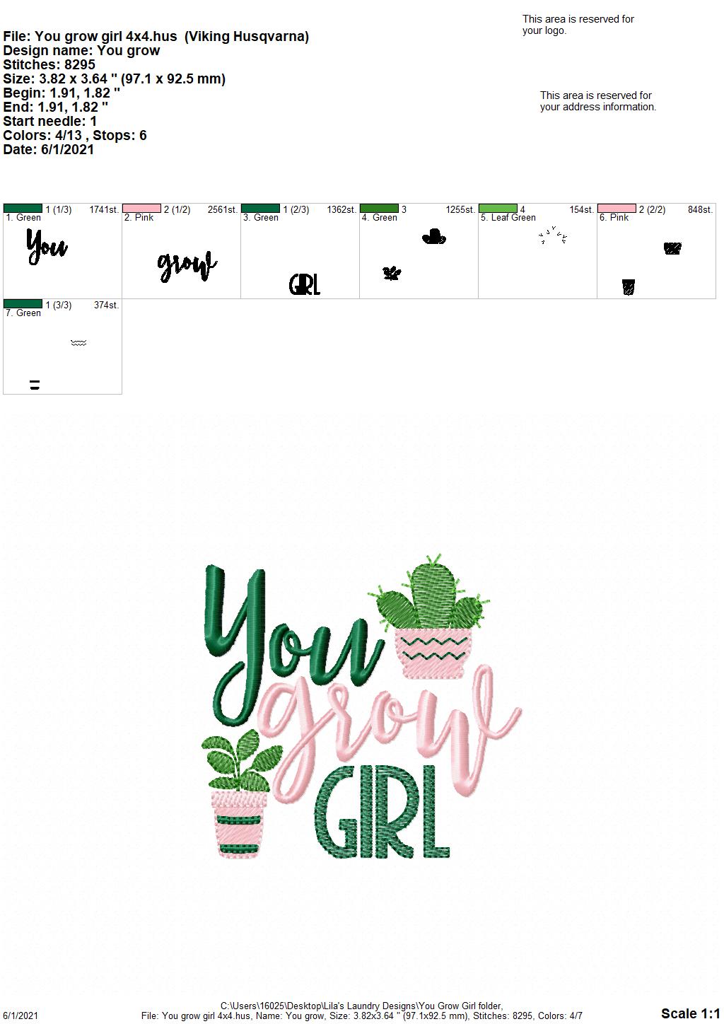 You Grow Girl - 4 sizes- Digital Embroidery Design