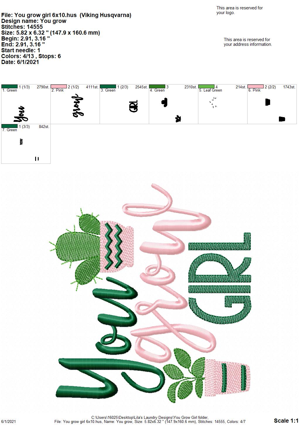 You Grow Girl - 4 sizes- Digital Embroidery Design
