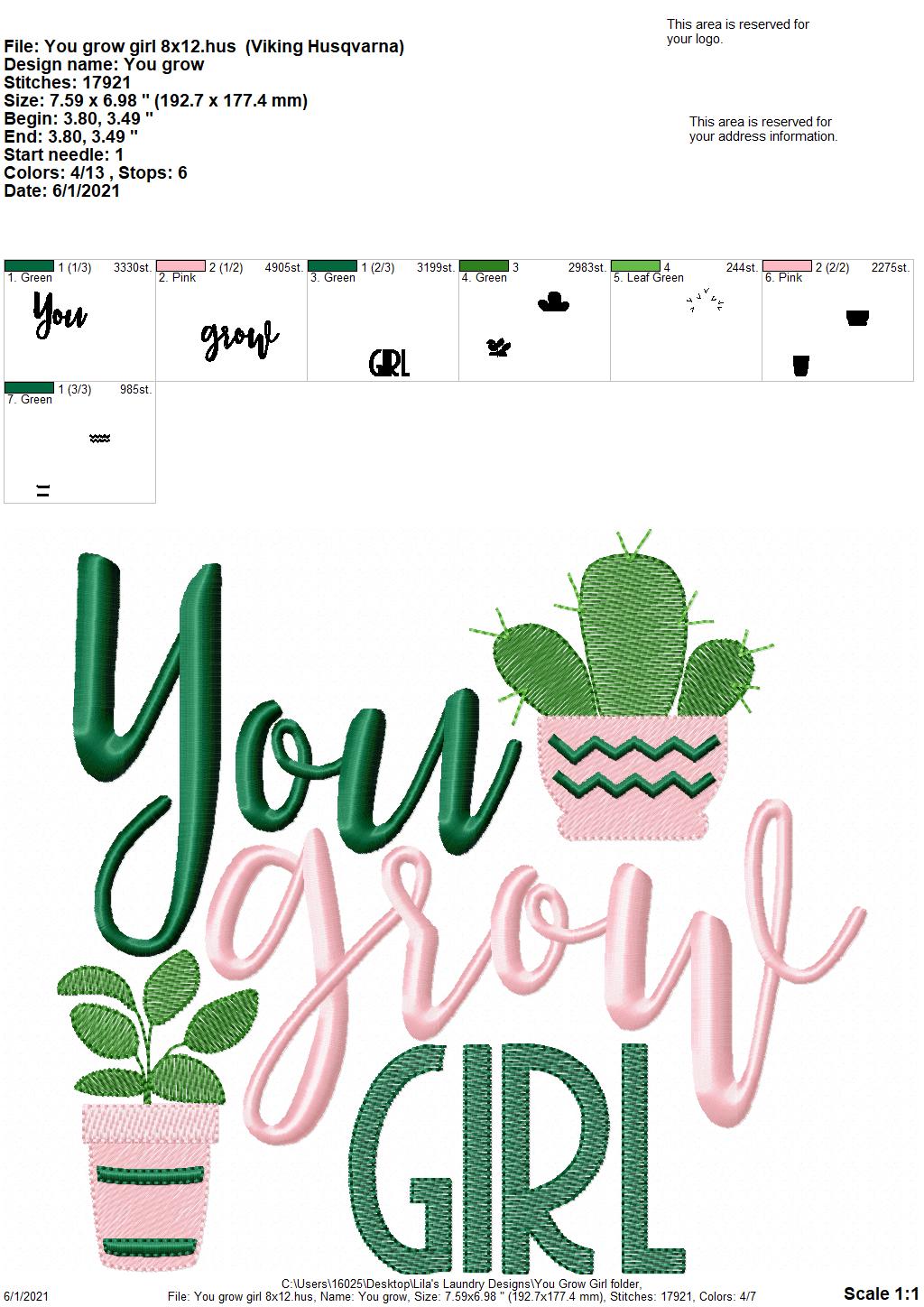 You Grow Girl - 4 sizes- Digital Embroidery Design