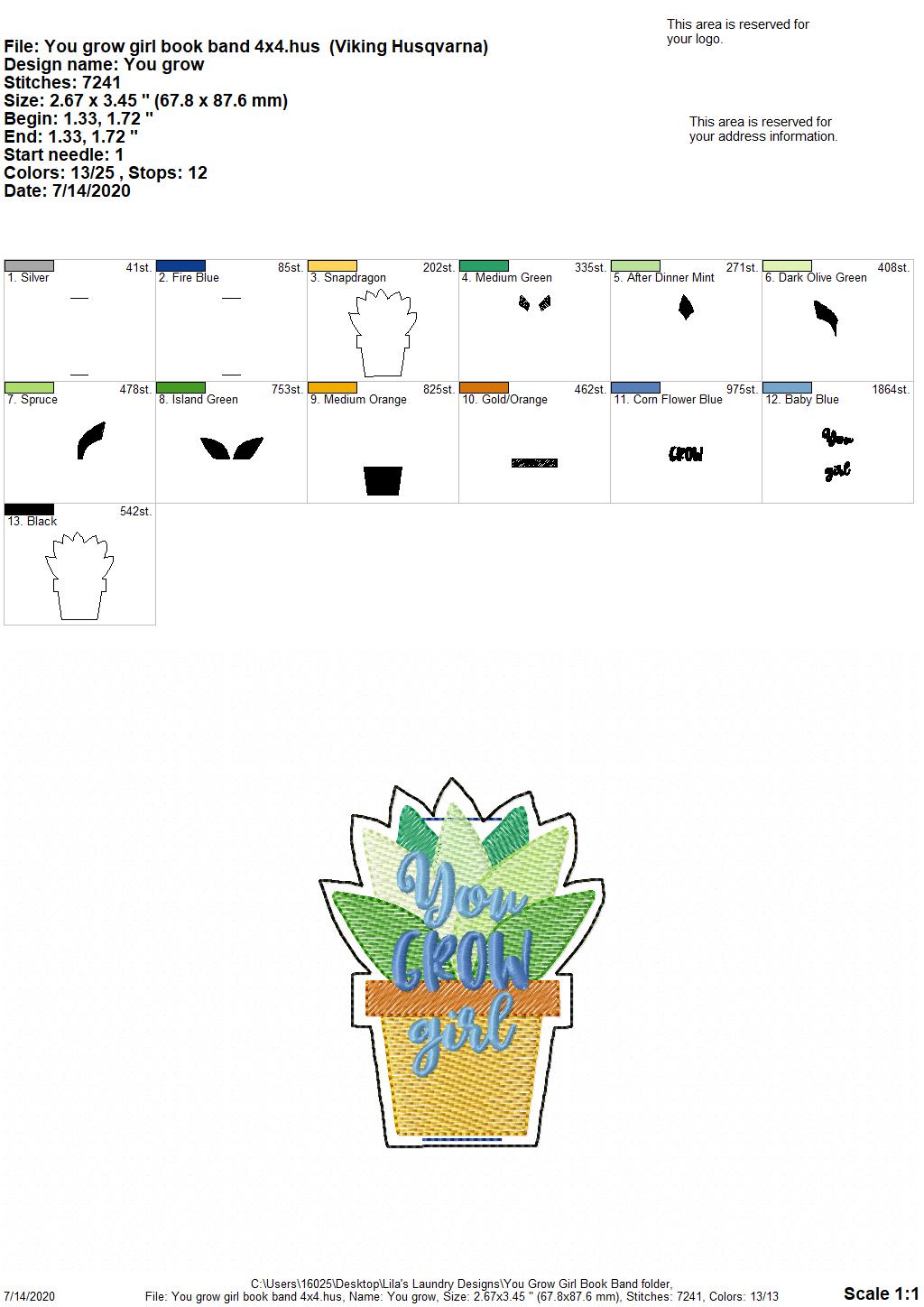 You Grow Girl Book Band - Digital Embroidery Design