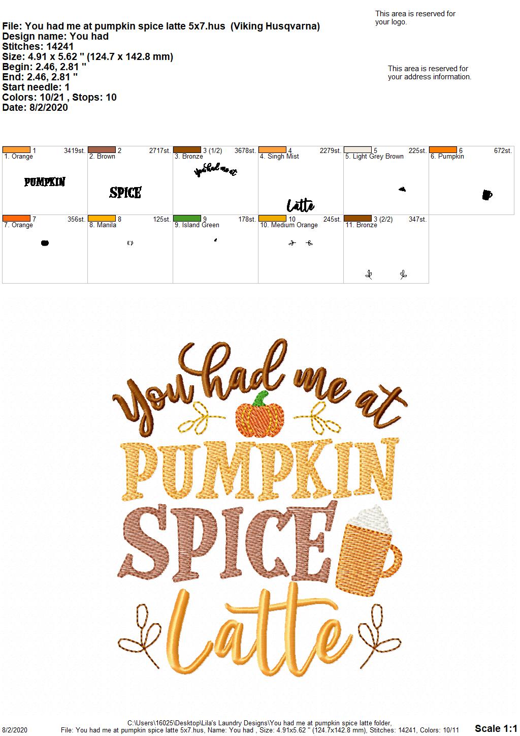 You Had Me At Pumpkin Spice Latte - 2 Sizes - Digital Embroidery Design