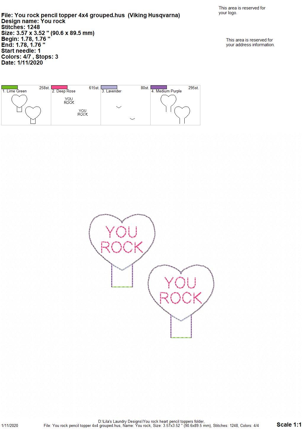 You Rock Heart Pencil Toppers - DIGITAL Embroidery DESIGN