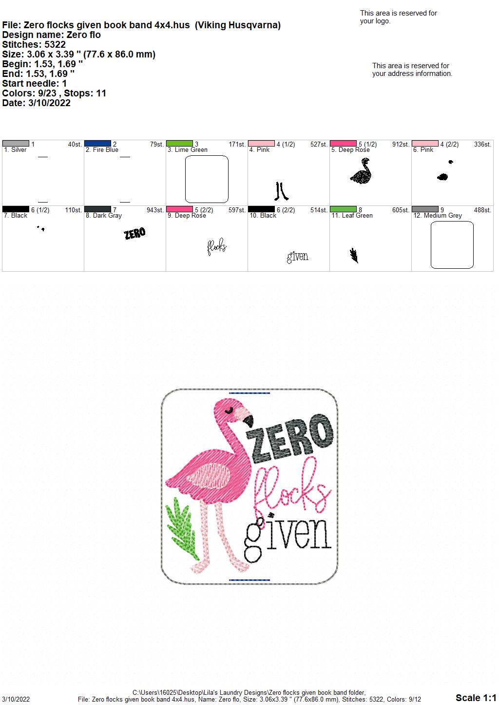Zero Flocks Given Book Band - Embroidery Design, Digital File