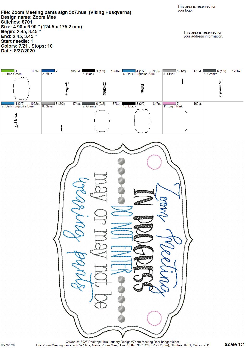 Zoom Meeting Pants Door Hanger - 3 sizes - Digital Embroidery Design