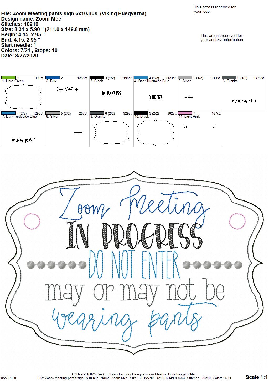 Zoom Meeting Pants Door Hanger - 3 sizes - Digital Embroidery Design