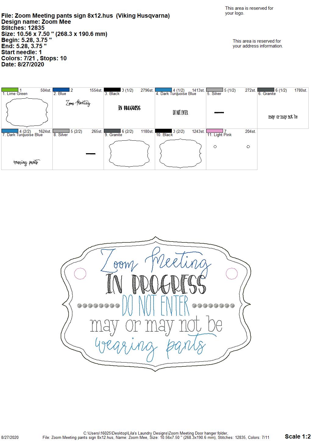 Zoom Meeting Pants Door Hanger - 3 sizes - Digital Embroidery Design