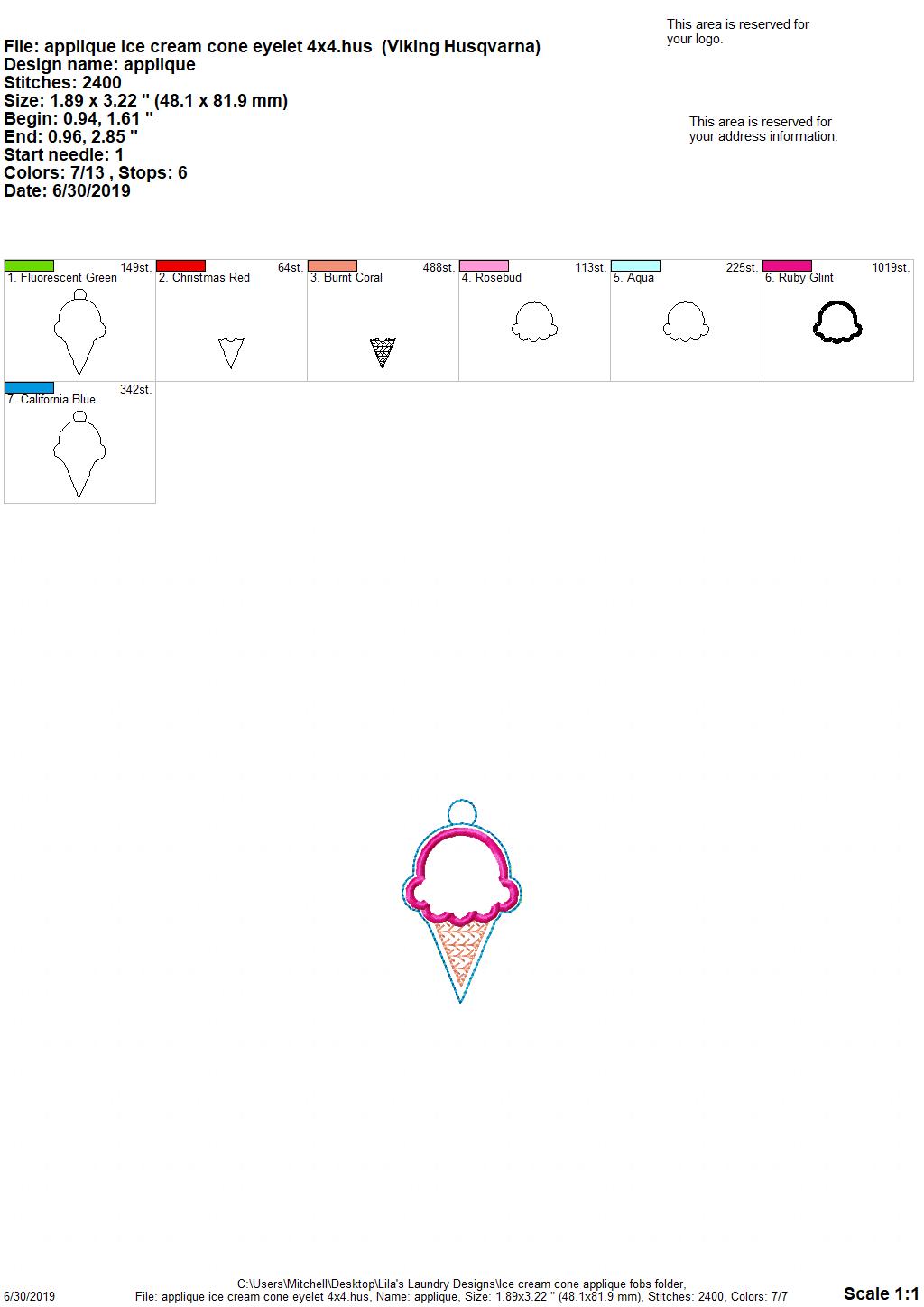 Ice Cream Applique Fobs - DIGITAL Embroidery DESIGN