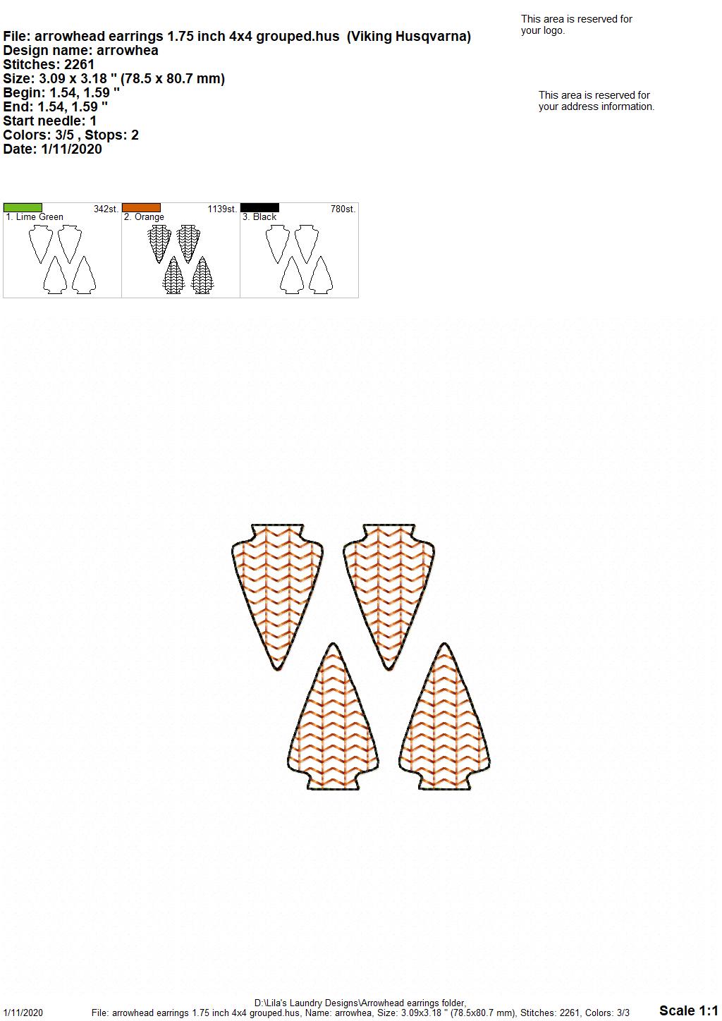 Arrowhead Earrings - 3 sizes - Digital Embroidery Design