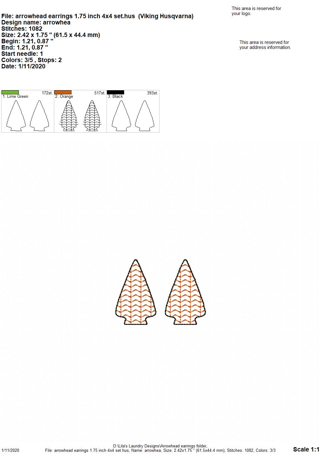Arrowhead Earrings - 3 sizes - Digital Embroidery Design