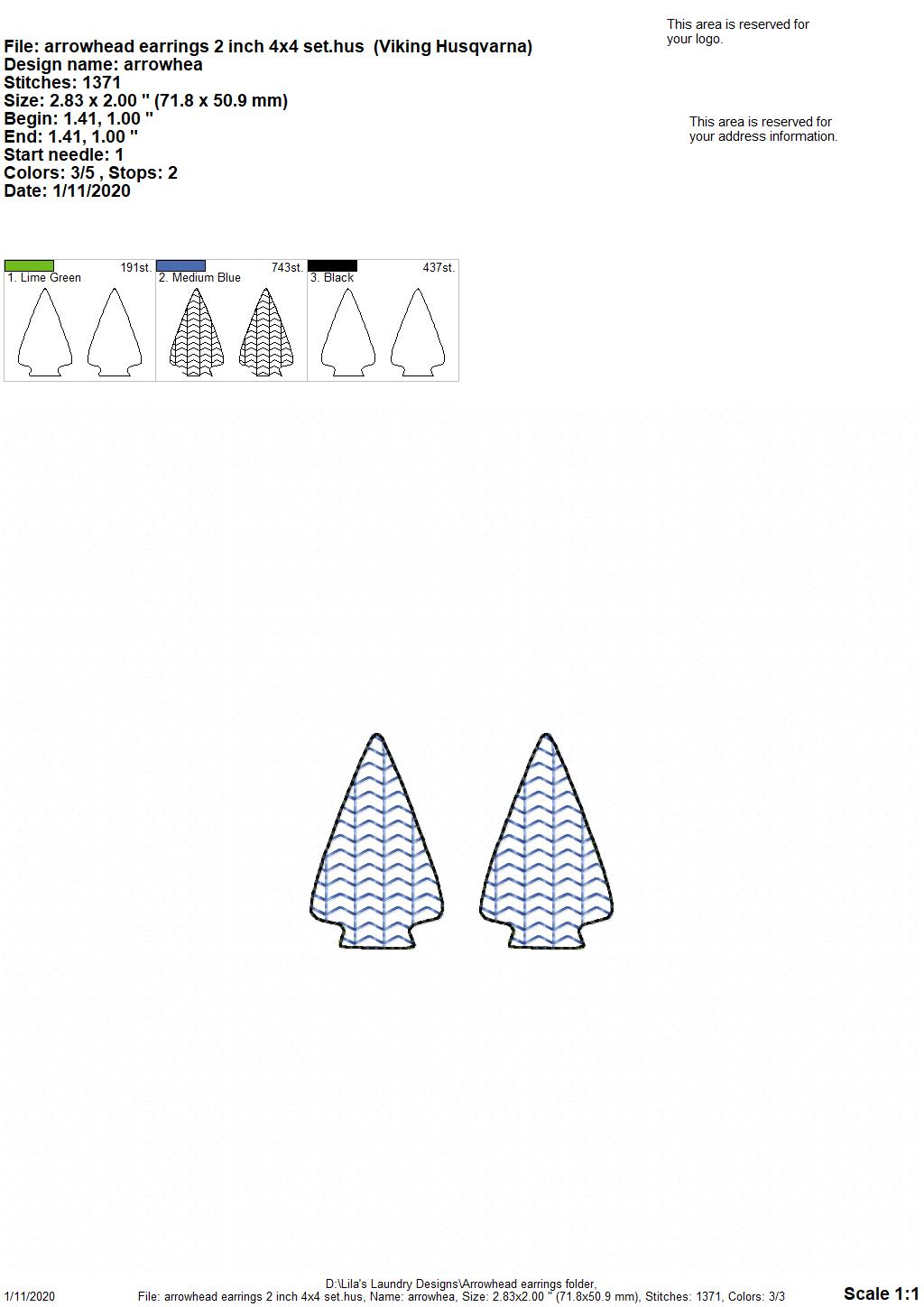 Arrowhead Earrings - 3 sizes - Digital Embroidery Design