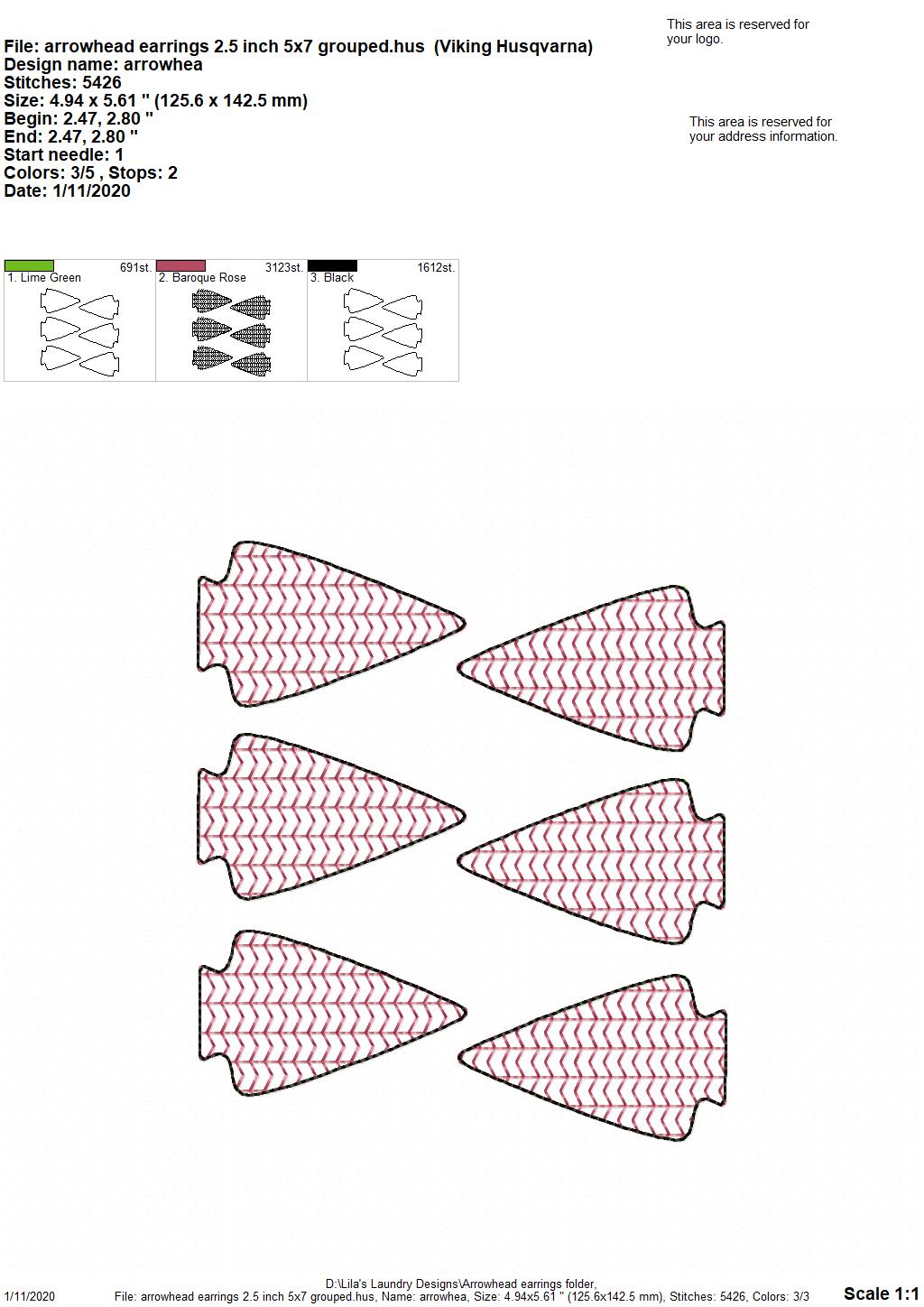 Arrowhead Earrings - 3 sizes - Digital Embroidery Design