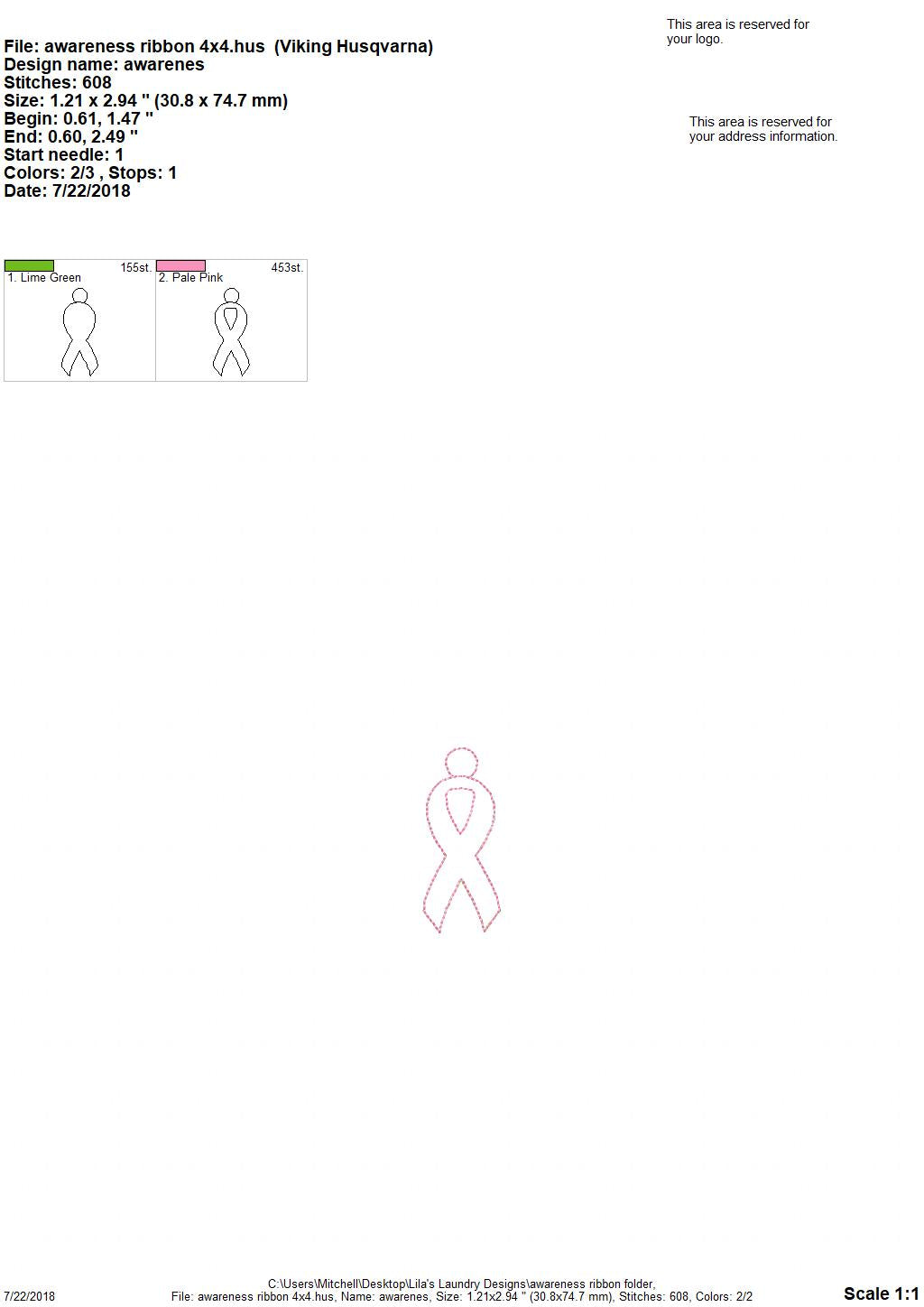 Awareness Ribbon Eyelet Fob - Digital Embroidery Design