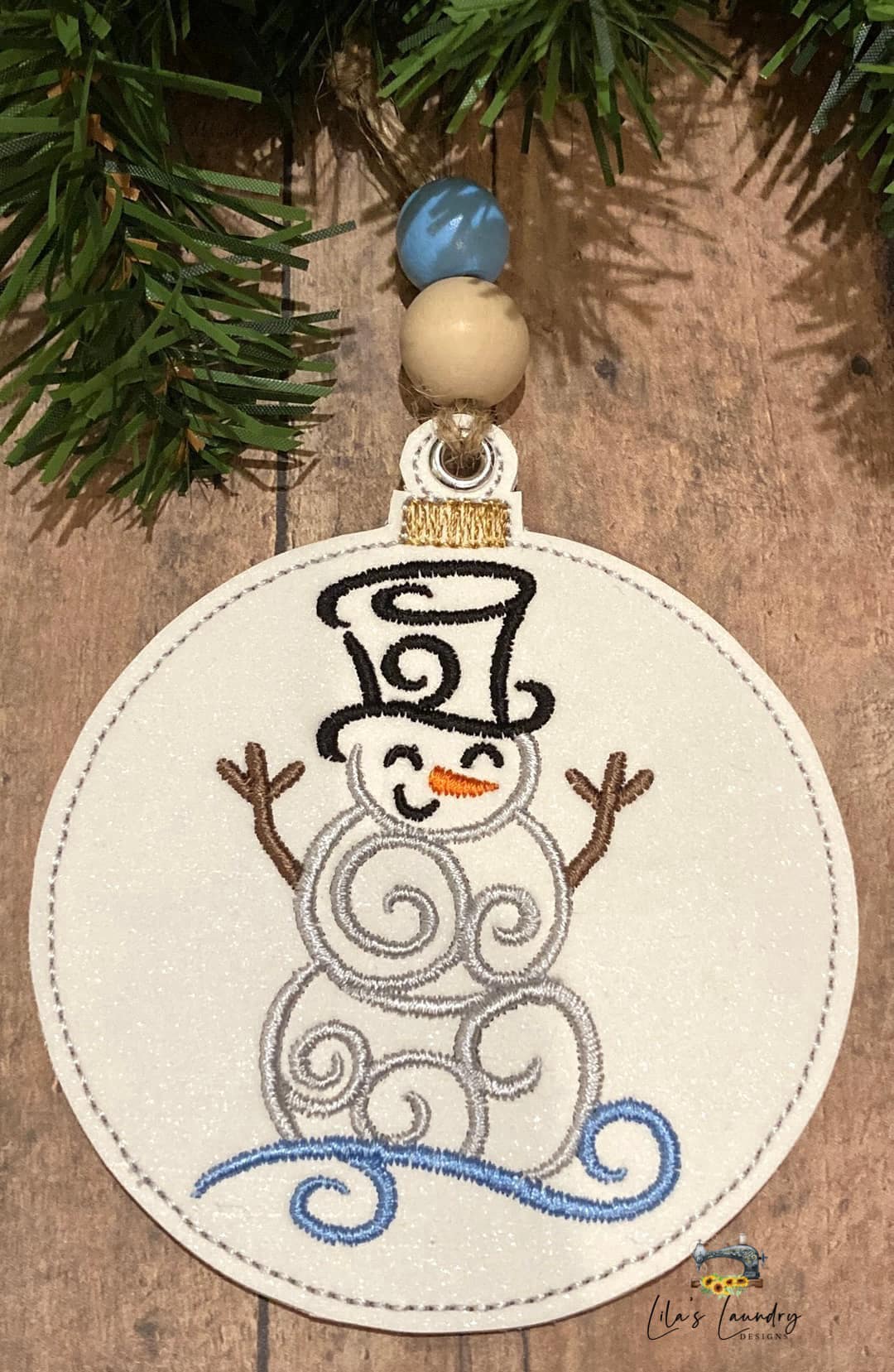 Swirly Snowman Ornament - 4x4 - Digital Embroidery Design