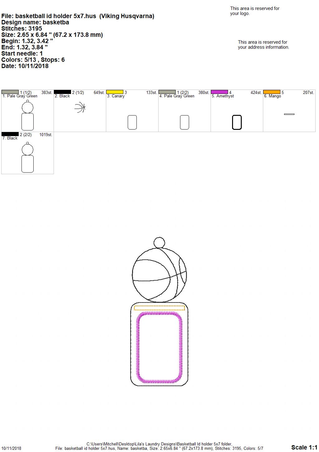 Basketball Vertical ID Holder 5x7 only