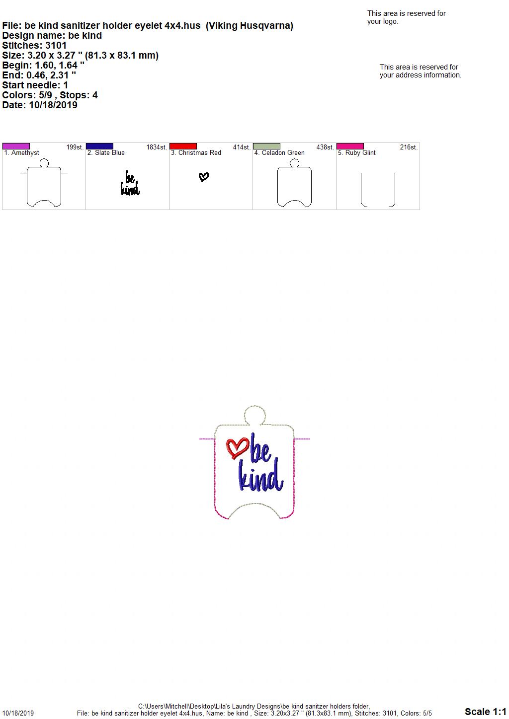 Be Kind Sanitizer Holders - DIGITAL Embroidery DESIGN