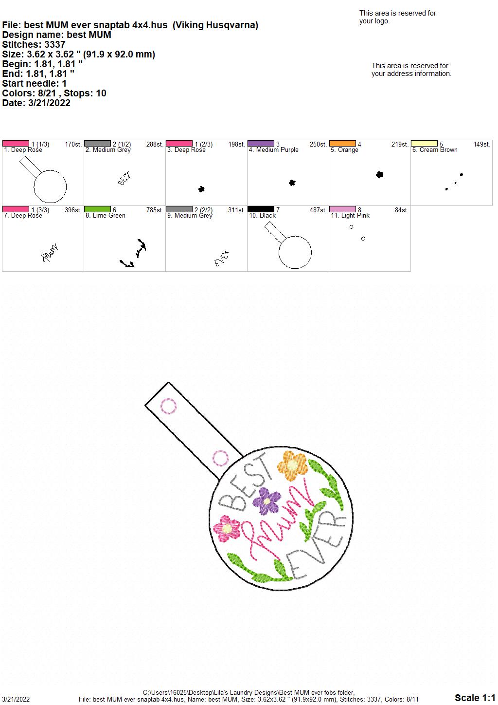 Best MUM ever Fobs - DIGITAL Embroidery DESIGN