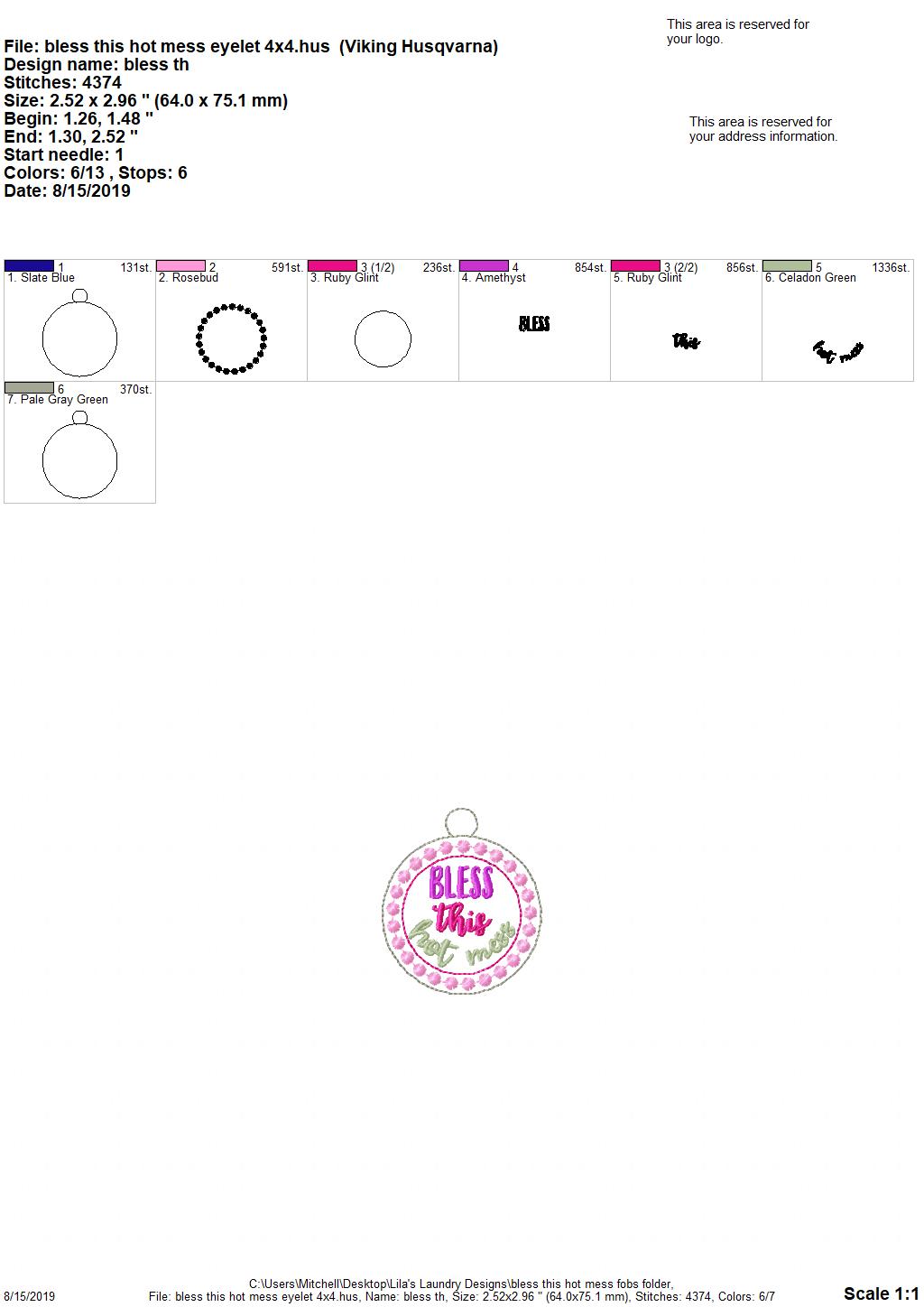 Bless This Hot Mess Fobs - Digital Embroidery Design