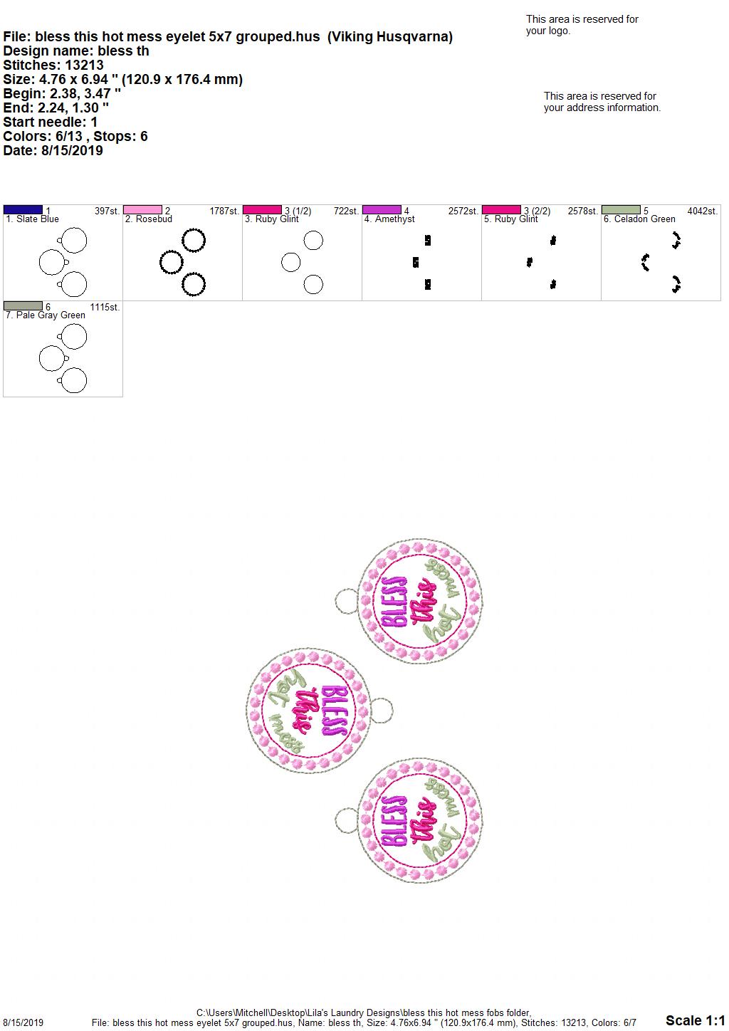 Bless This Hot Mess Fobs - Digital Embroidery Design