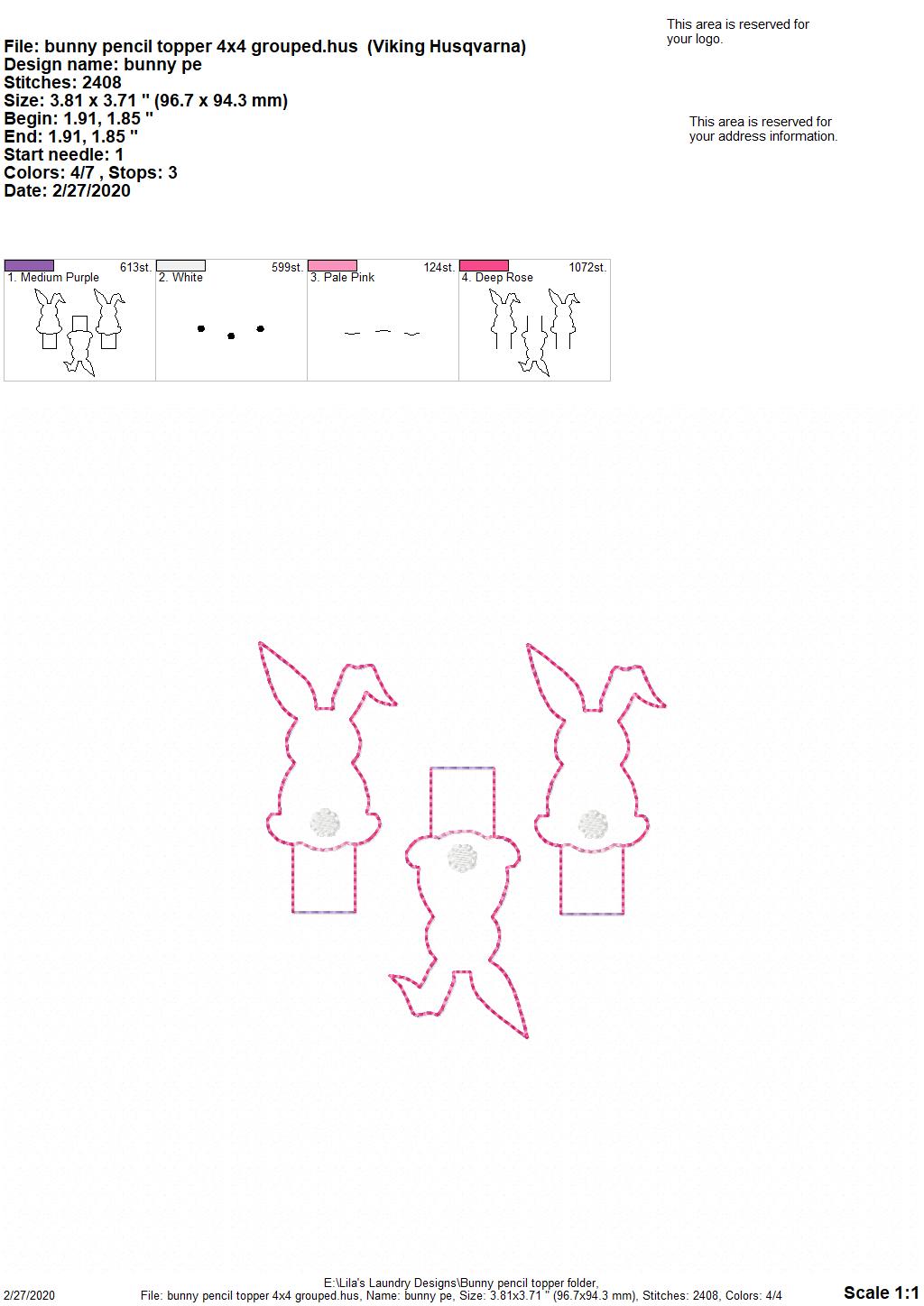 Bunny Pencil Toppers - DIGITAL Embroidery DESIGN