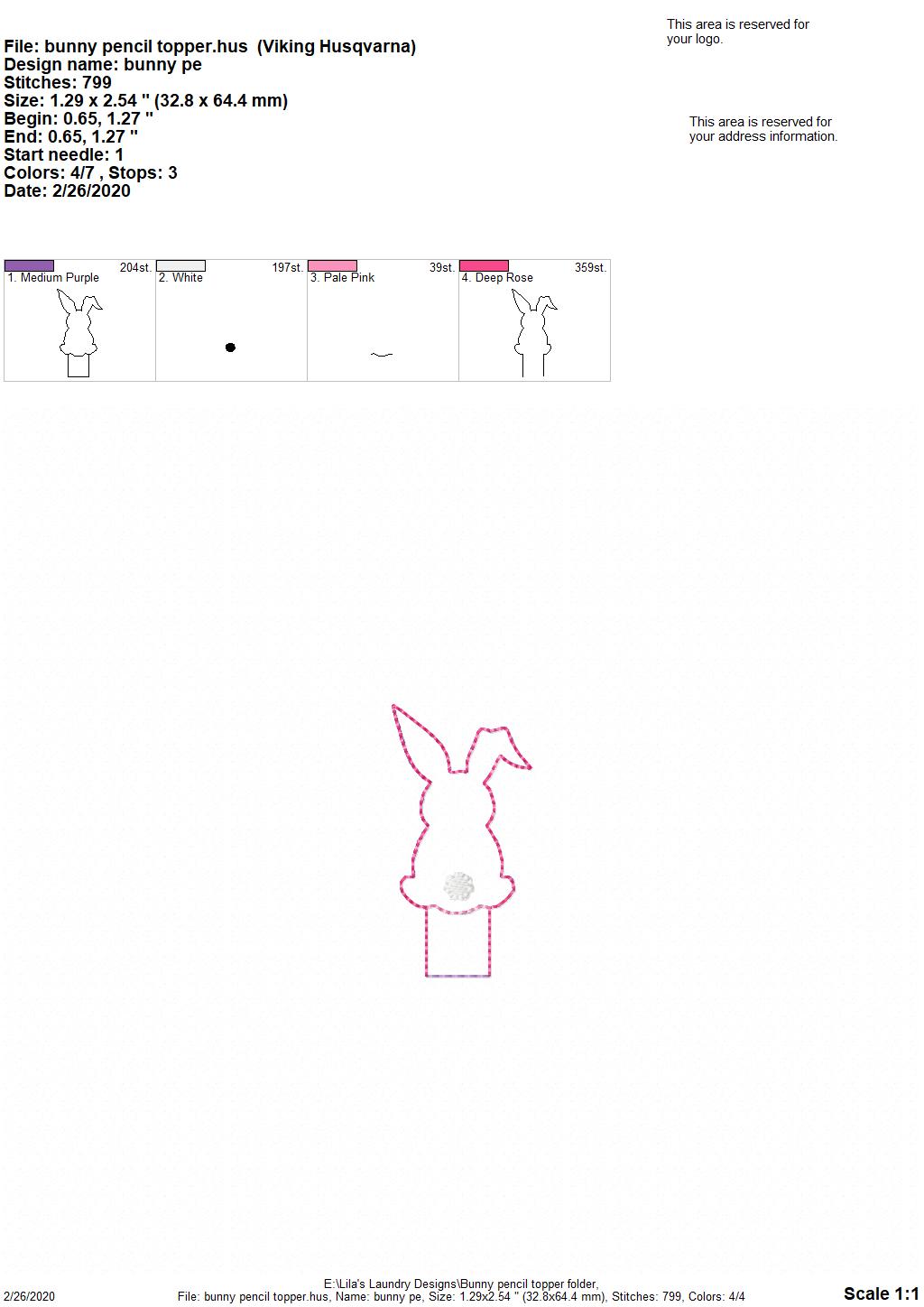 Bunny Pencil Toppers - DIGITAL Embroidery DESIGN